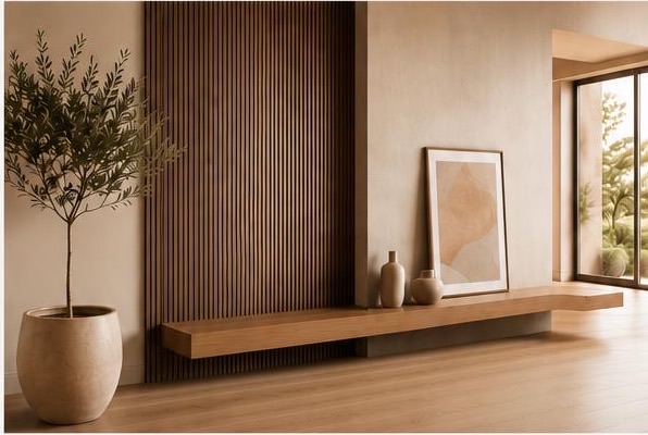 Wohnraum mit Holzlamellenwand, Sideboard und Olivenbaum