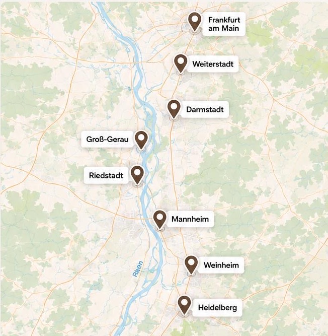 Karte des Einsatzgebiets zwischen Frankfurt am Main und Heidelberg